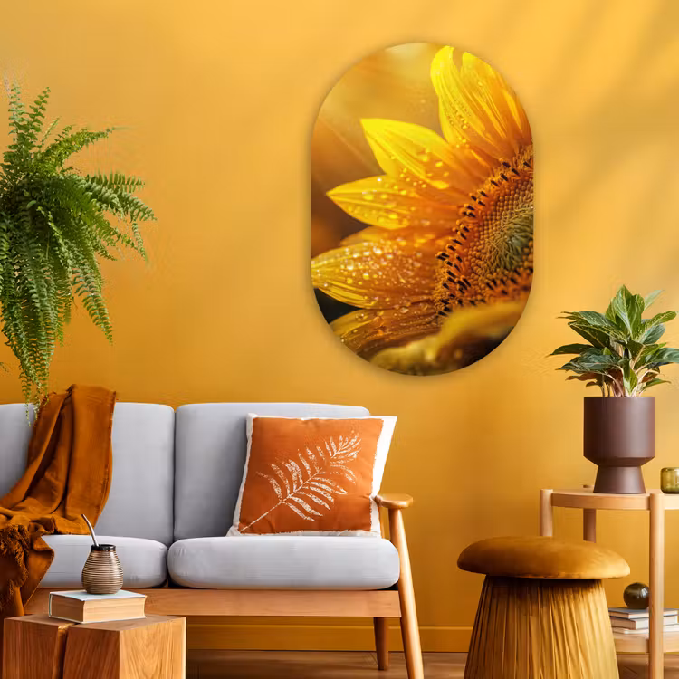Zonnebloem - Dauwdruppels - Geel - Zonlicht Wandcirkel Ovaal Glas middel -sfeer4