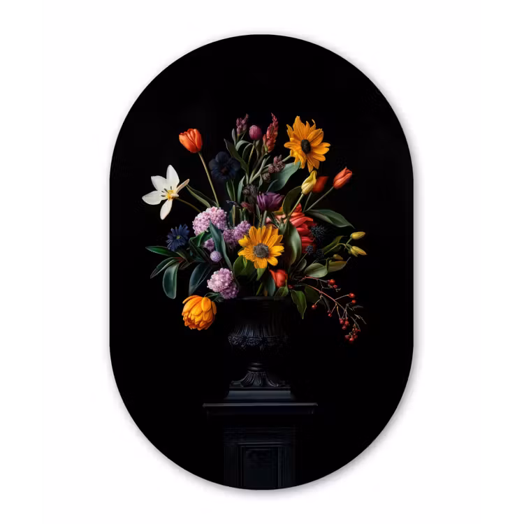 Zonnebloemen - Boeket - Kleurrijk Wandcirkel Ovaal Glas middel -3d