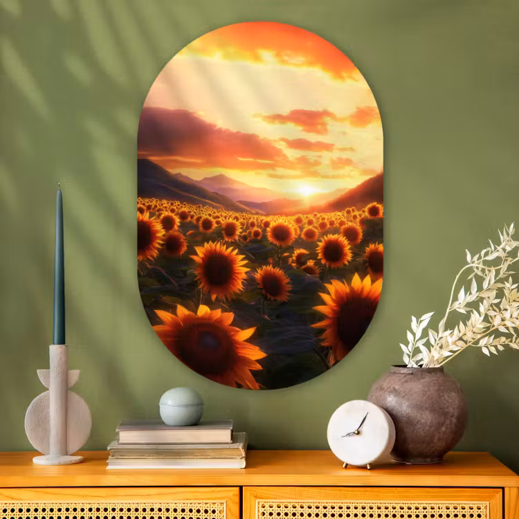 Zonnebloemen - Zonsondergang - Landschap Wandcirkel Ovaal Glas middel -sfeer2