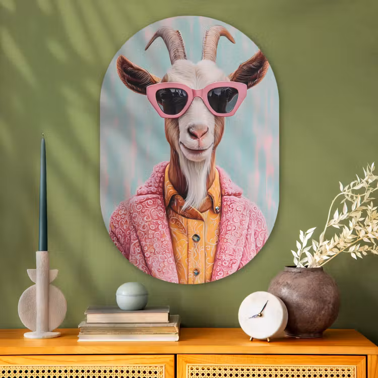 Zonnebril - Roze - Geit - Horen Wandcirkel Ovaal Glas middel -sfeer2