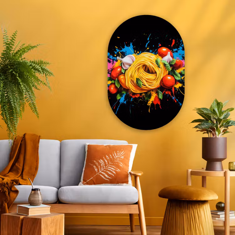 Spaghetti - Graffiti - Verf - Kleurrijk - Eten - Modern Wandcirkel Ovaal Glas middel -sfeer4