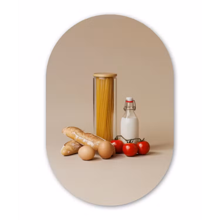 Spaghetti - Melk - Tomaten - Eieren - Brood Wandcirkel Ovaal Glas middel -3d