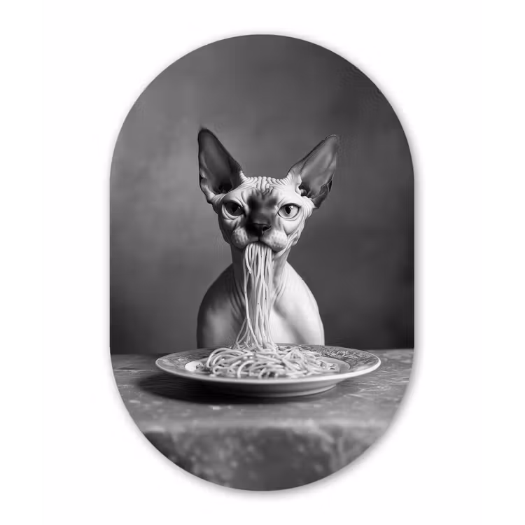 Sphynx - Kat - Dieren - Humor - Spaghetti - Zwart Wit Wandcirkel Ovaal Glas middel -3d