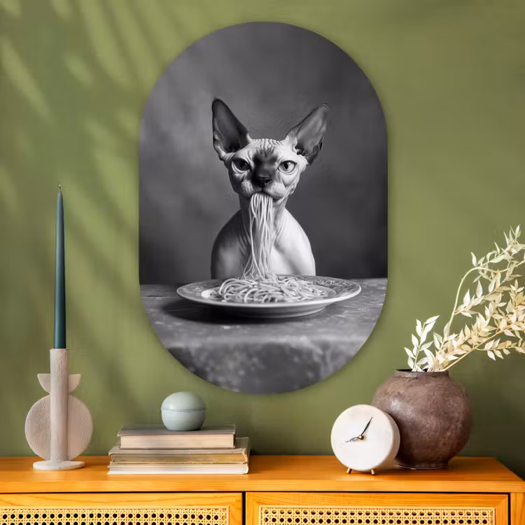 Sphynx - Kat - Dieren - Humor - Spaghetti - Zwart Wit Wandcirkel Ovaal Glas middel -sfeer2