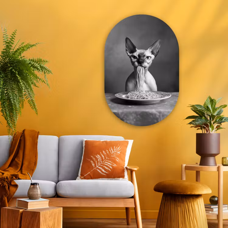 Sphynx - Kat - Dieren - Humor - Spaghetti - Zwart Wit Wandcirkel Ovaal Glas middel -sfeer4