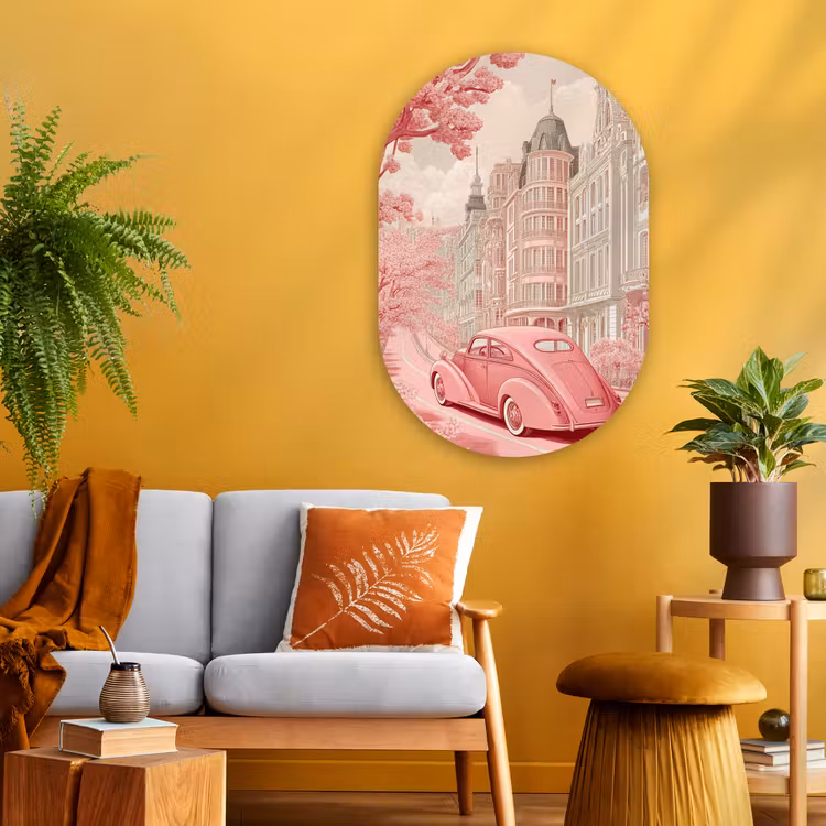 City - Car - Pink Wandcirkel Ovaal Glas middel -sfeer4