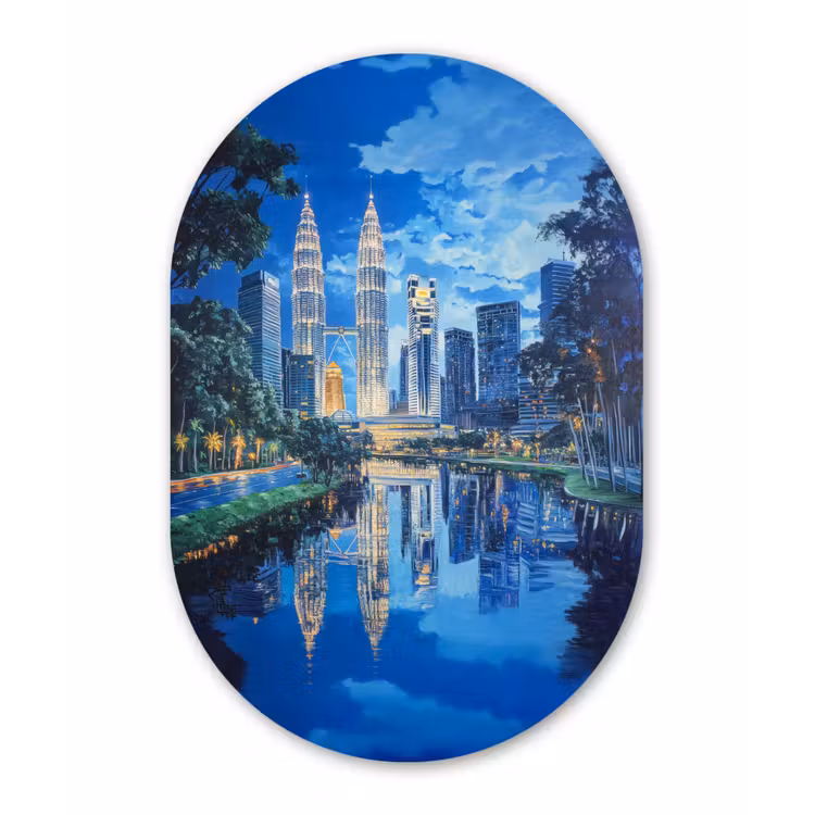 Stad Kuala Lumpur - Skyline - Wolkenkrabbers - Water Wandcirkel Ovaal Glas middel -3d