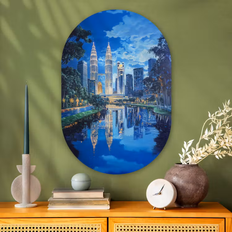 Stad Kuala Lumpur - Skyline - Wolkenkrabbers - Water Wandcirkel Ovaal Glas middel -sfeer2