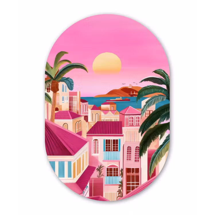 Stad - Roze - Palmbomen Wandcirkel Ovaal Glas middel -3d
