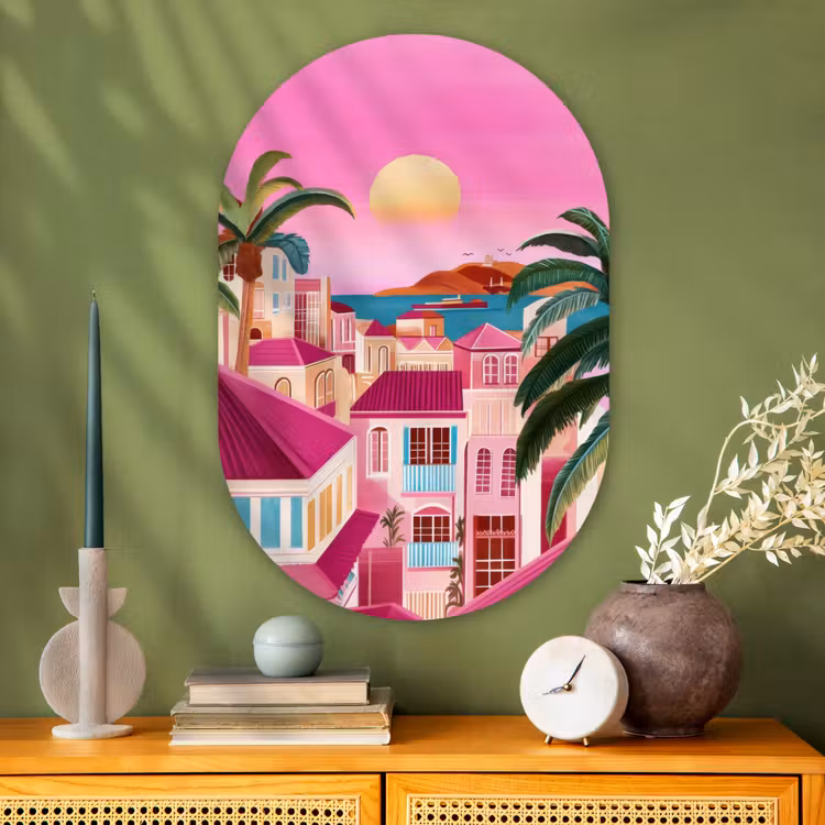 Stad - Roze - Palmbomen Wandcirkel Ovaal Glas middel -sfeer2