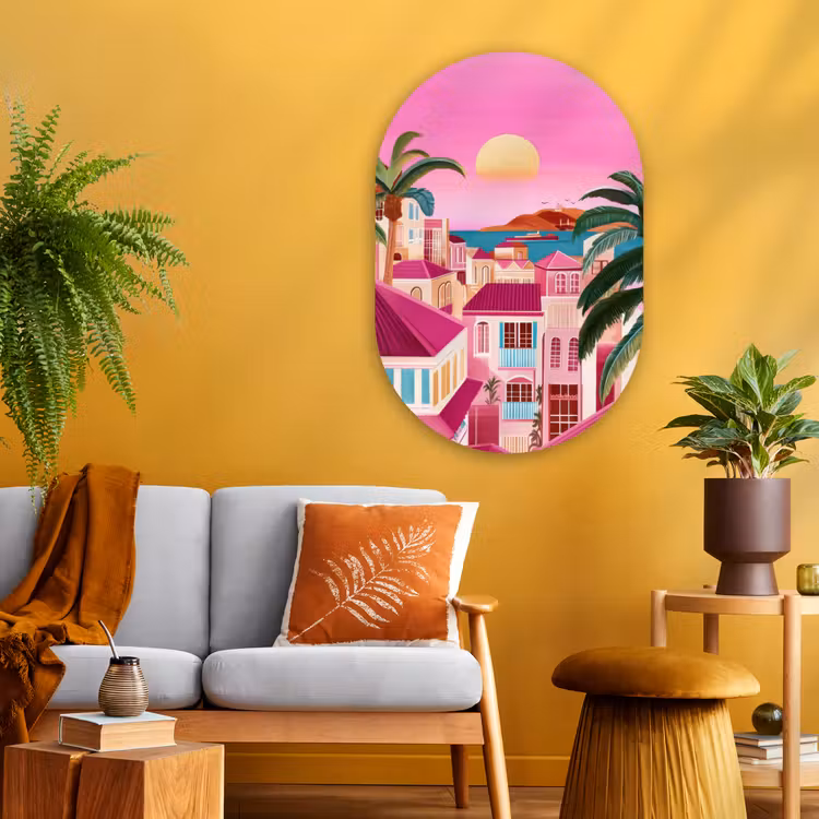 Stad - Roze - Palmbomen Wandcirkel Ovaal Glas middel -sfeer4