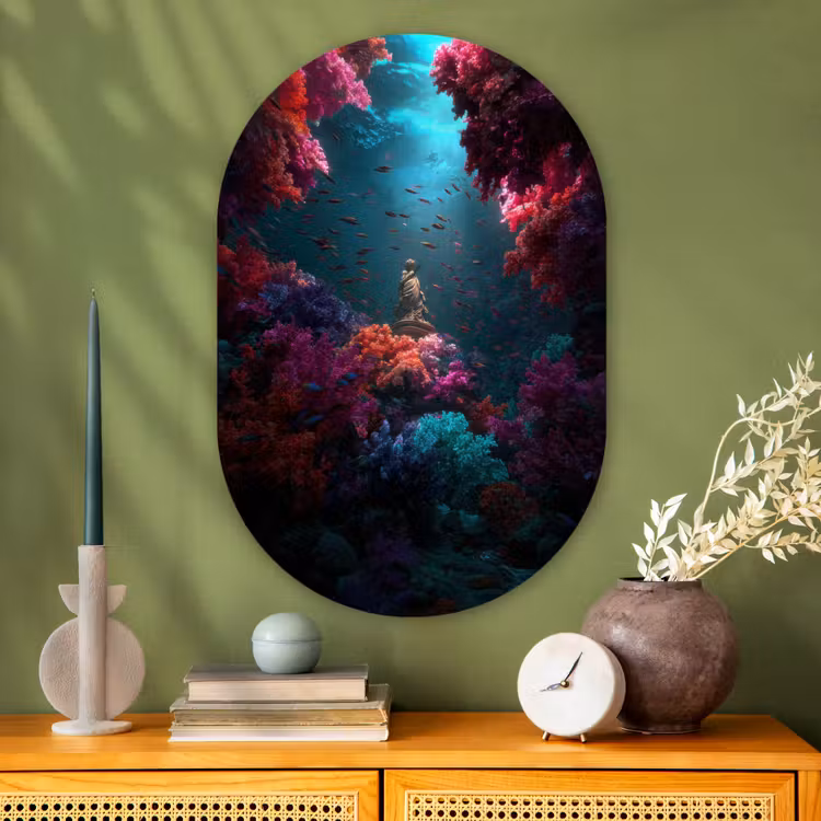 Standbeeld - Zeebodem - Koraal - Kleurrijk Wandcirkel Ovaal Glas middel -sfeer2