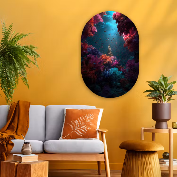 Standbeeld - Zeebodem - Koraal - Kleurrijk Wandcirkel Ovaal Glas middel -sfeer4
