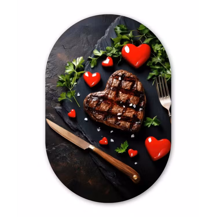 Steak - Hart - Bestek Wandcirkel Ovaal Glas middel -3d