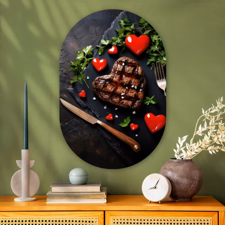 Steak - Hart - Bestek Wandcirkel Ovaal Glas middel -sfeer2