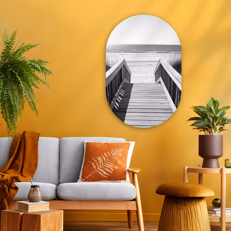 Loopbrug - Hout - Strand - Zee Wandcirkel Ovaal Glas middel -sfeer4