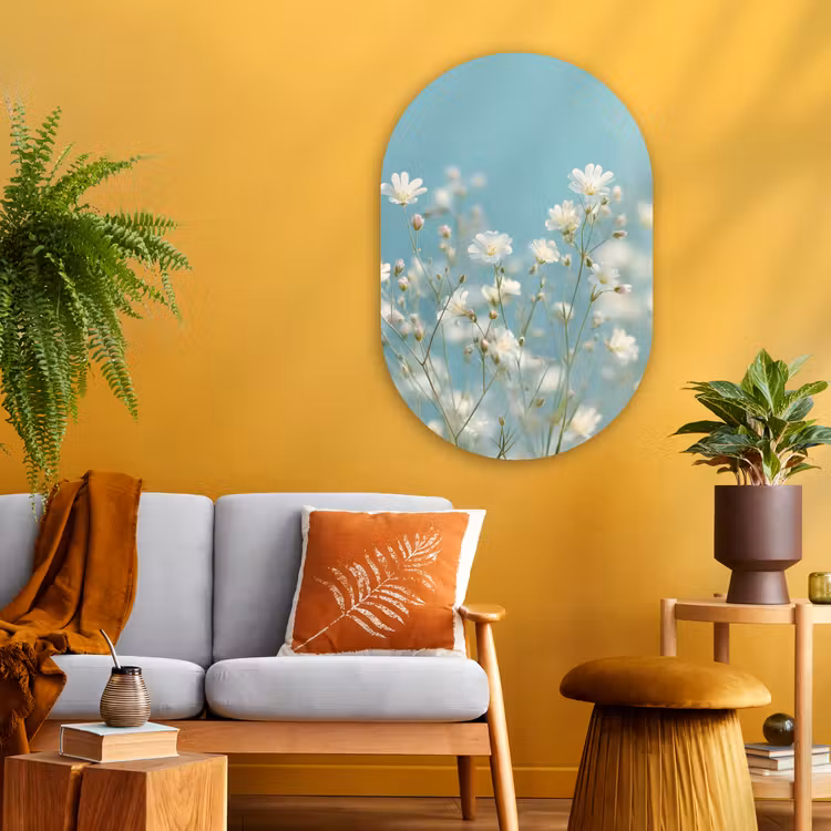 Stengels - Bloemen - Lucht - Wit Wandcirkel Ovaal Glas middel -sfeer4