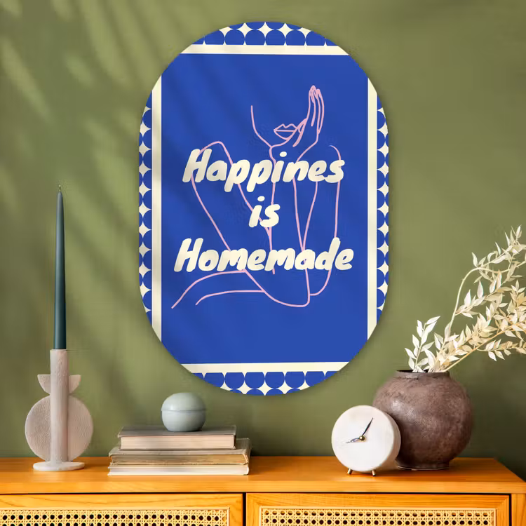 Lijntekening - Vrouw - Quote - Blauw Wandcirkel Ovaal Glas middel -sfeer2