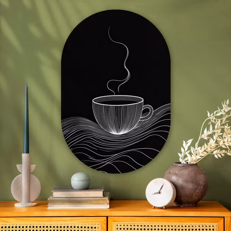 Lijntekening - Koffiekop - Zwart Wandcirkel Ovaal Glas middel -sfeer2