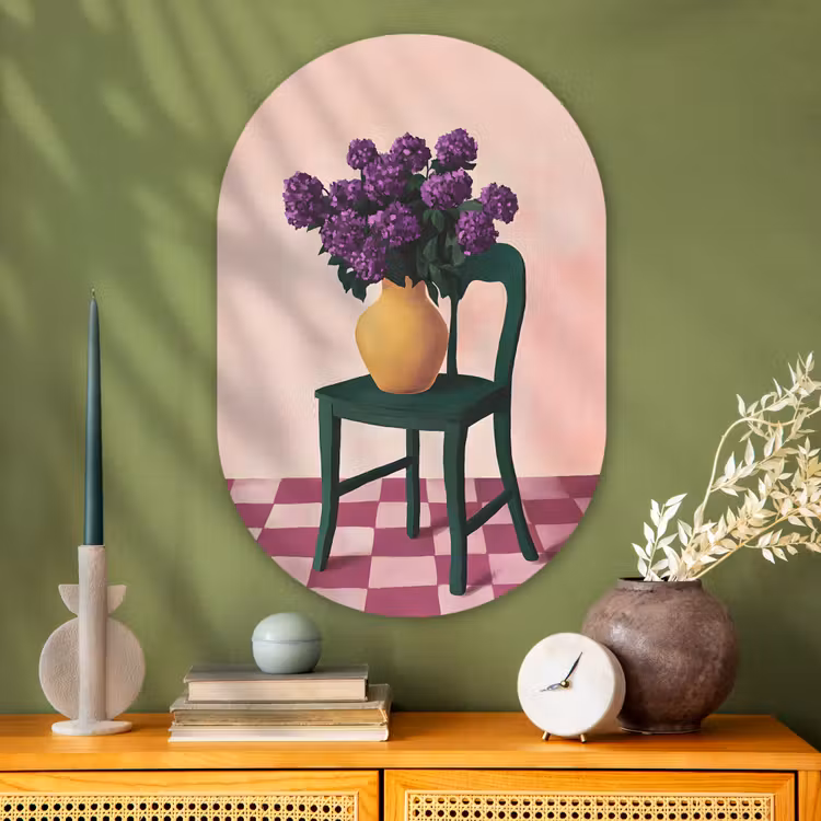 Stoel - Vaas - Bloemen - Geblokt Wandcirkel Ovaal Glas middel -sfeer2