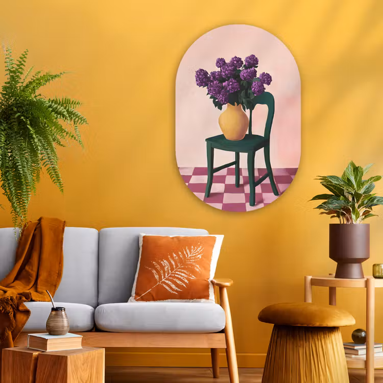 Stoel - Vaas - Bloemen - Geblokt Wandcirkel Ovaal Glas middel -sfeer4