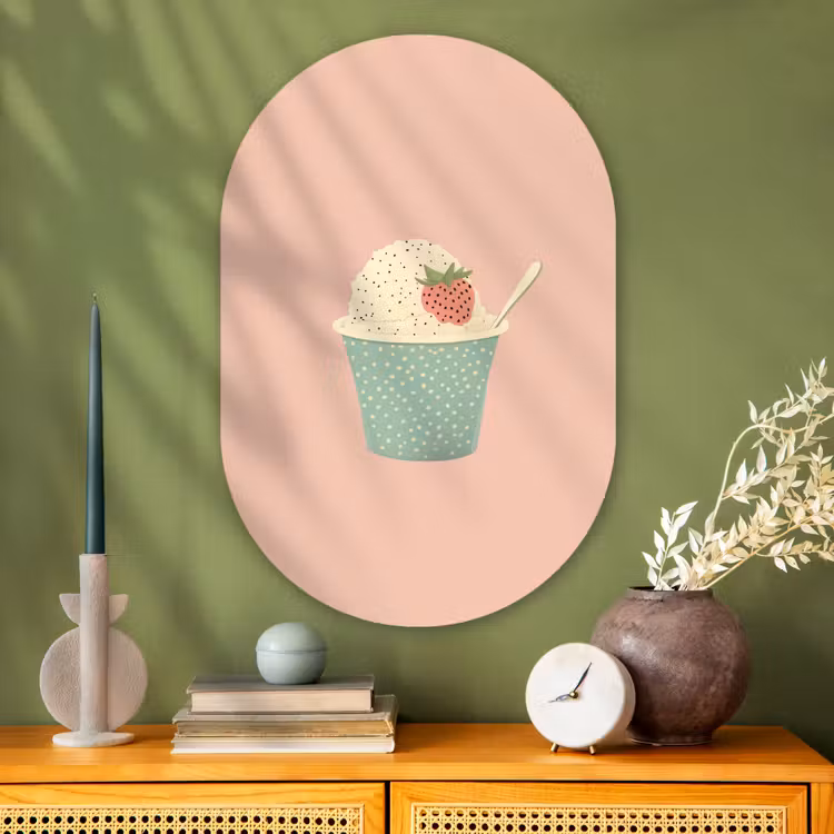 Bakje - Ijs - Aardbei - Roze Wandcirkel Ovaal Glas middel -sfeer2