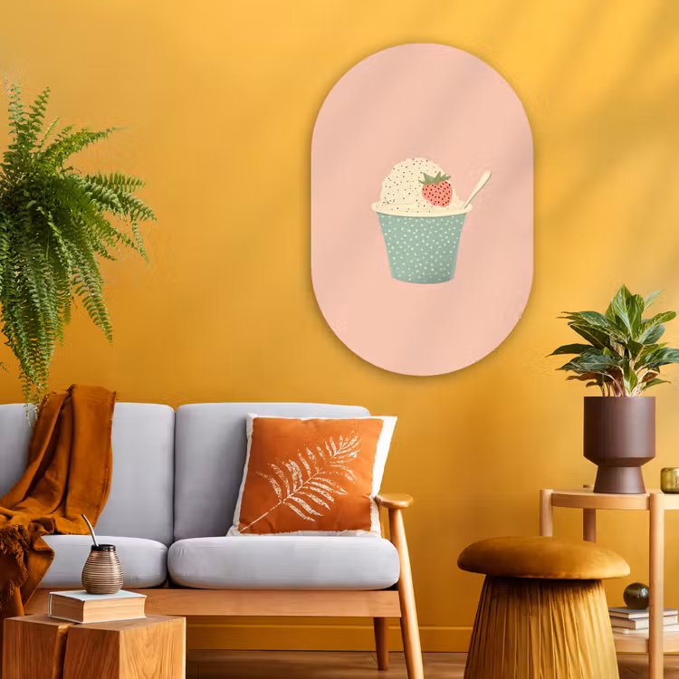Bakje - Ijs - Aardbei - Roze Wandcirkel Ovaal Glas middel -sfeer4