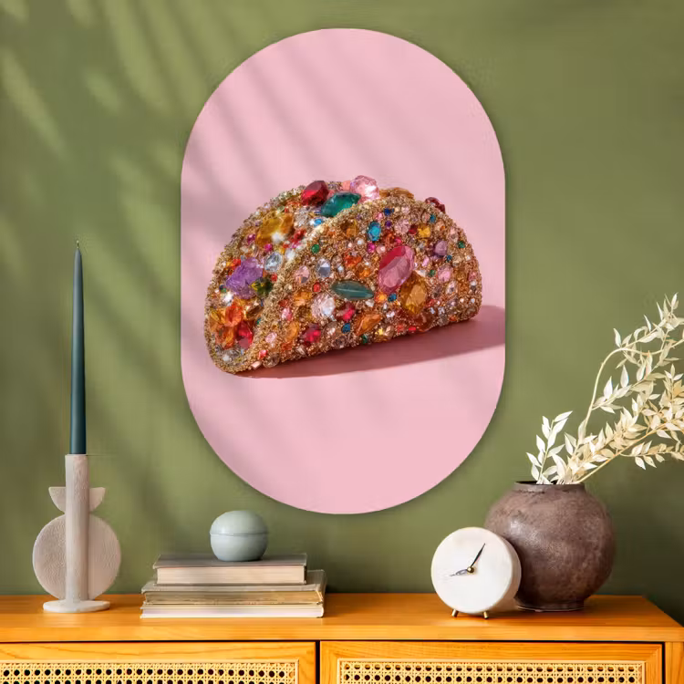 Taco - Kleurrijk - Edelstenen - Goud Wandcirkel Ovaal Glas middel -sfeer2