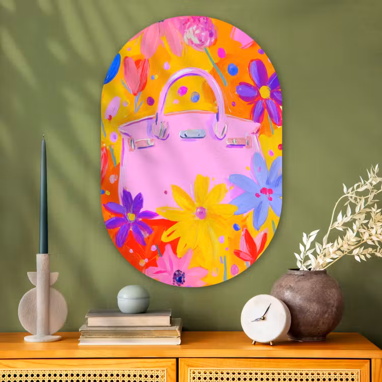 Tas - Roze - Bloemen Wandcirkel Ovaal Glas middel -sfeer2