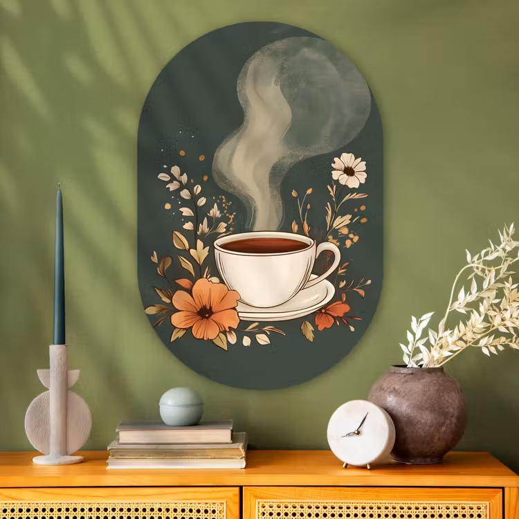 Kop - Bloemen - Groen - Koffie Wandcirkel Ovaal Glas middel -sfeer2