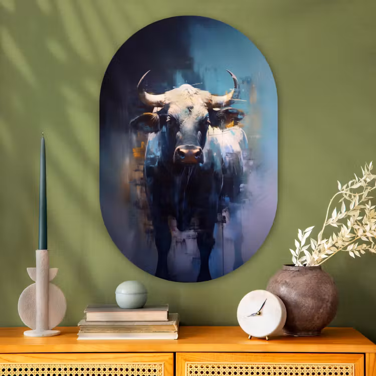 Stier - Zwart - Abstract - Horens Wandcirkel Ovaal Glas middel -sfeer2