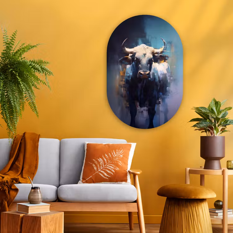 Stier - Zwart - Abstract - Horens Wandcirkel Ovaal Glas middel -sfeer4