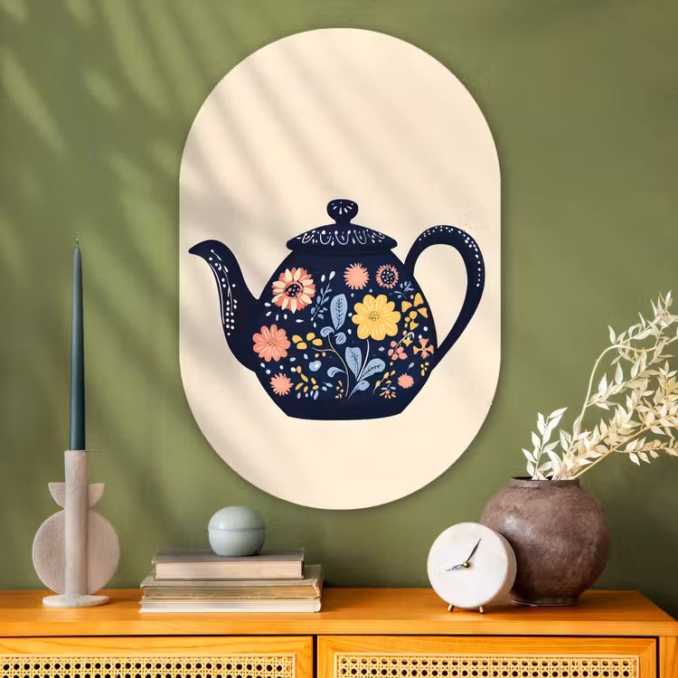 Theepot - Kleurrijk - Bloemen Wandcirkel Ovaal Glas middel -sfeer2