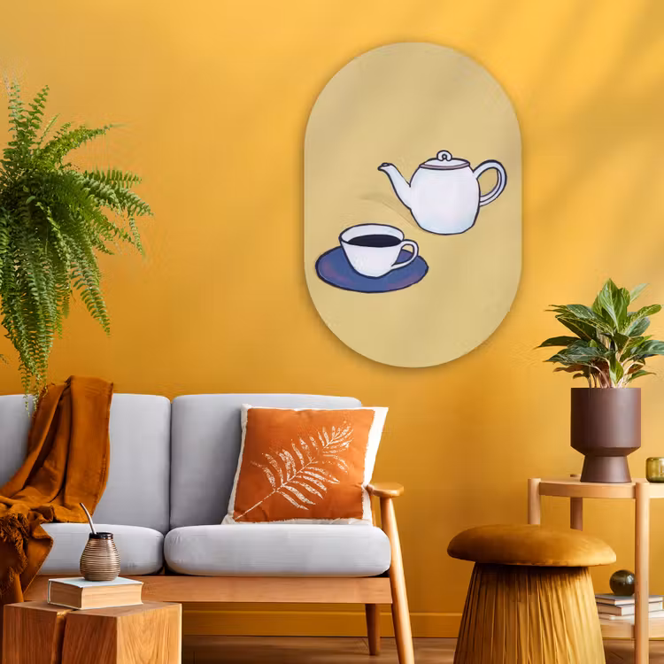 Theepot - Kopje - Beige - Illustratie Wandcirkel Ovaal Glas middel -sfeer4
