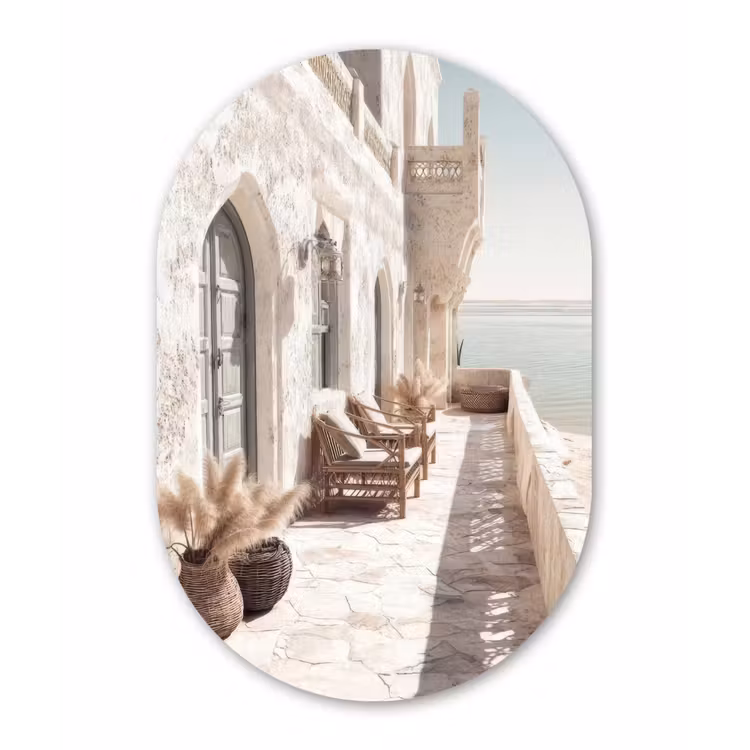 Terras - Stoelen - Strand - Beige Wandcirkel Ovaal Glas middel -3d