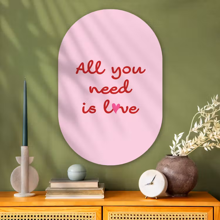 Tekst - Roze - Love - Hart Wandcirkel Ovaal Glas middel -sfeer2