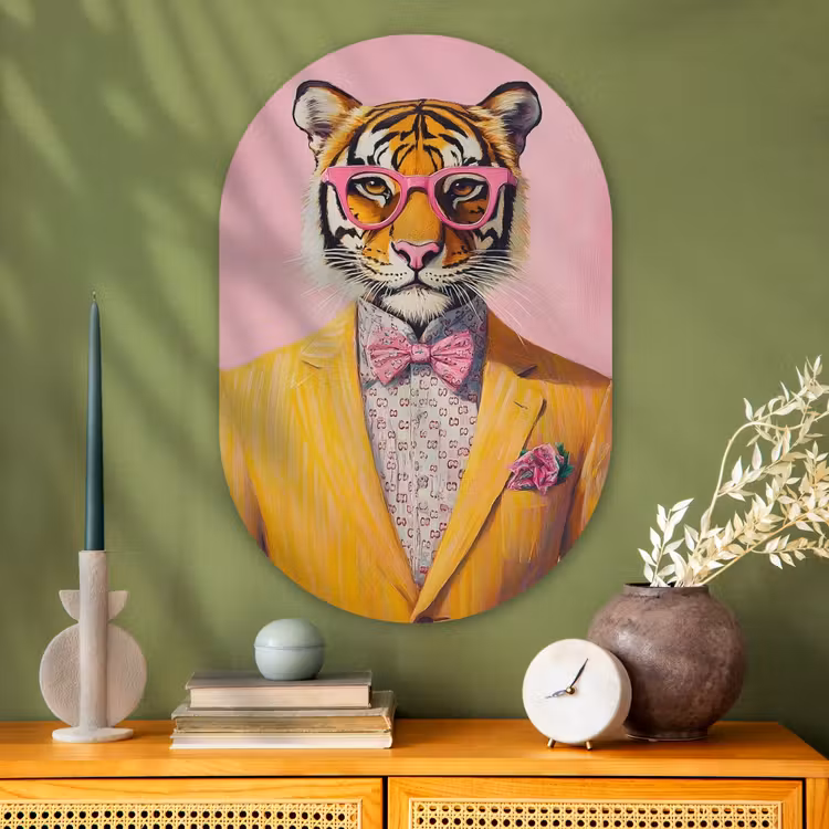 Tijger - Bril - Geel - Jasje Wandcirkel Ovaal Glas middel -sfeer2
