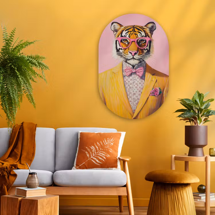 Tijger - Bril - Geel - Jasje Wandcirkel Ovaal Glas middel -sfeer4