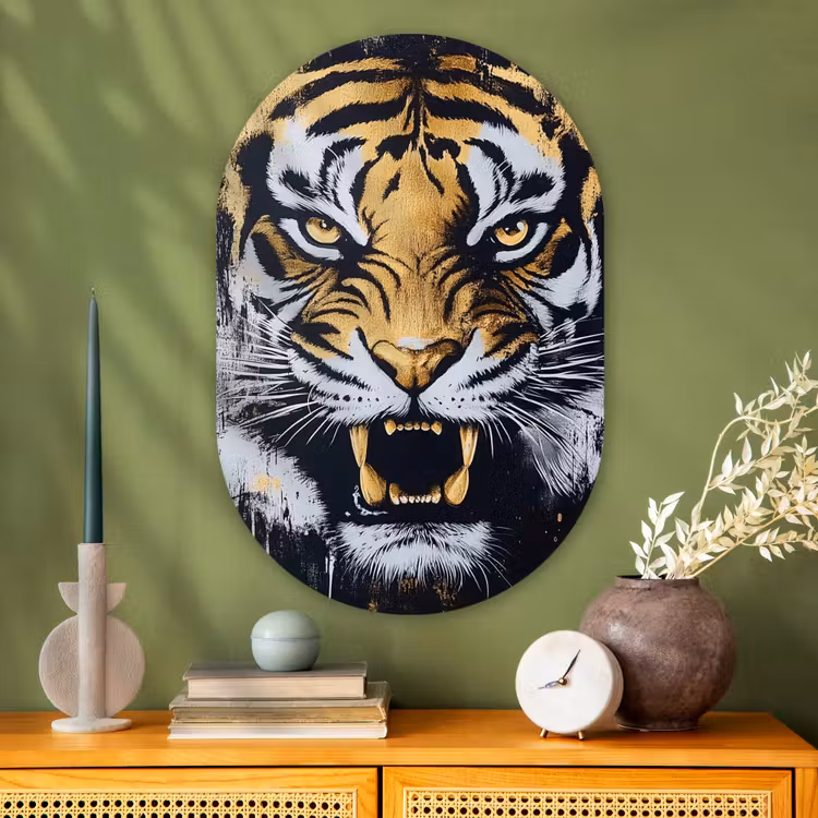 Tijger - Verfspatten - Goud Wandcirkel Ovaal Glas middel -sfeer2
