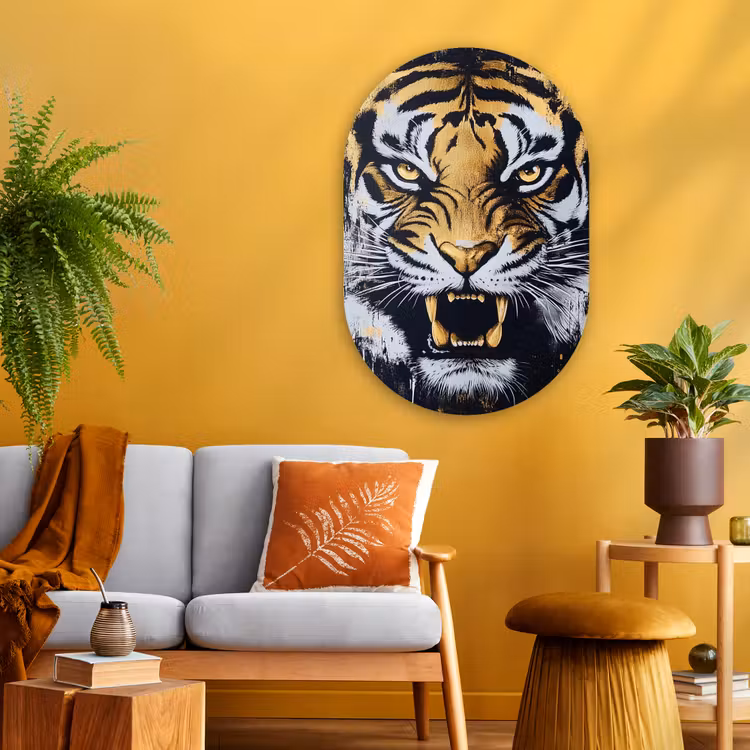 Tijger - Verfspatten - Goud Wandcirkel Ovaal Glas middel -sfeer4