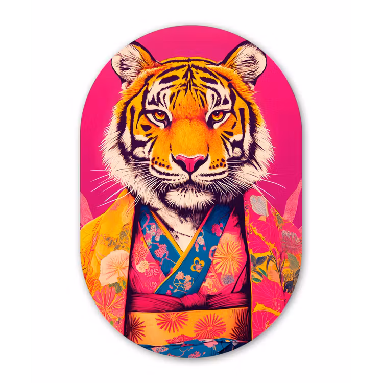 Tijger - Kimono - Planten - Roze Wandcirkel Ovaal Glas middel -3d