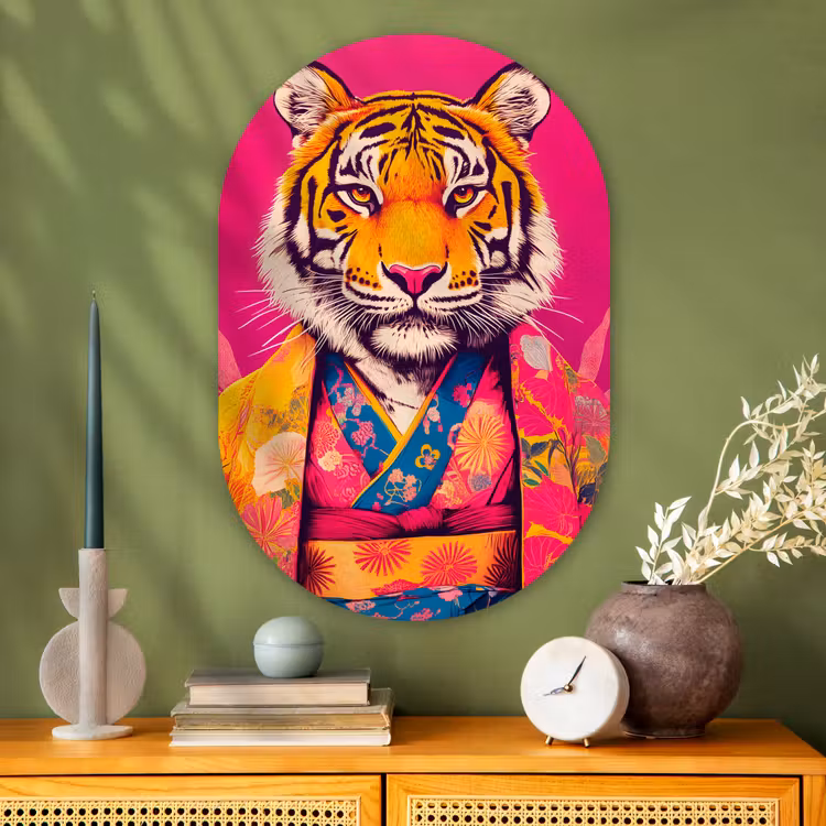 Tijger - Kimono - Planten - Roze Wandcirkel Ovaal Glas middel -sfeer2