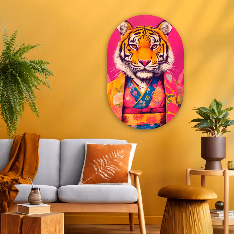 Tijger - Kimono - Planten - Roze Wandcirkel Ovaal Glas middel -sfeer4