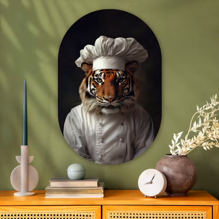 Tijger - Kokskleding - Bruin Wandcirkel Ovaal Glas middel -sfeer2