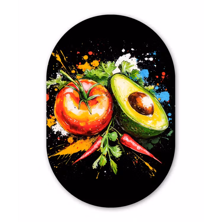 Tomaat - Avocado - Peper - Graffiti - Verf - Modern Wandcirkel Ovaal Glas middel -3d