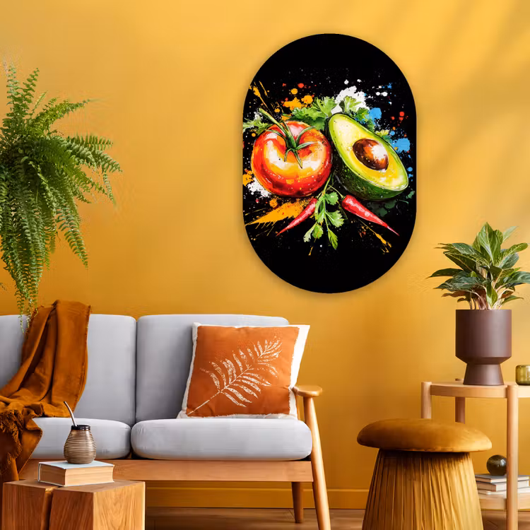 Tomaat - Avocado - Peper - Graffiti - Verf - Modern Wandcirkel Ovaal Glas middel -sfeer4