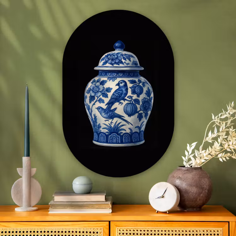 Pot - Delfts Blauw - Bloemen Wandcirkel Ovaal Glas middel -sfeer2