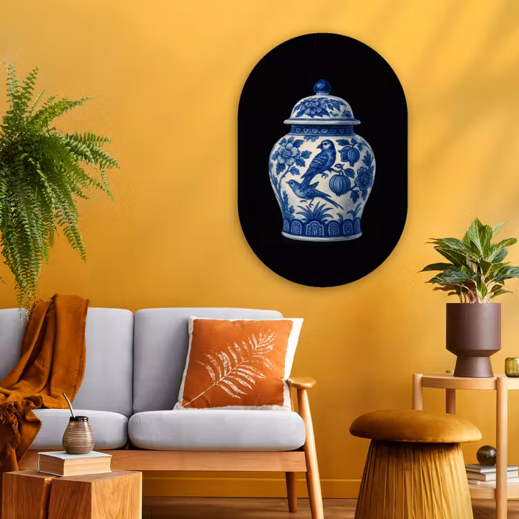 Pot - Delfts Blauw - Bloemen Wandcirkel Ovaal Glas middel -sfeer4