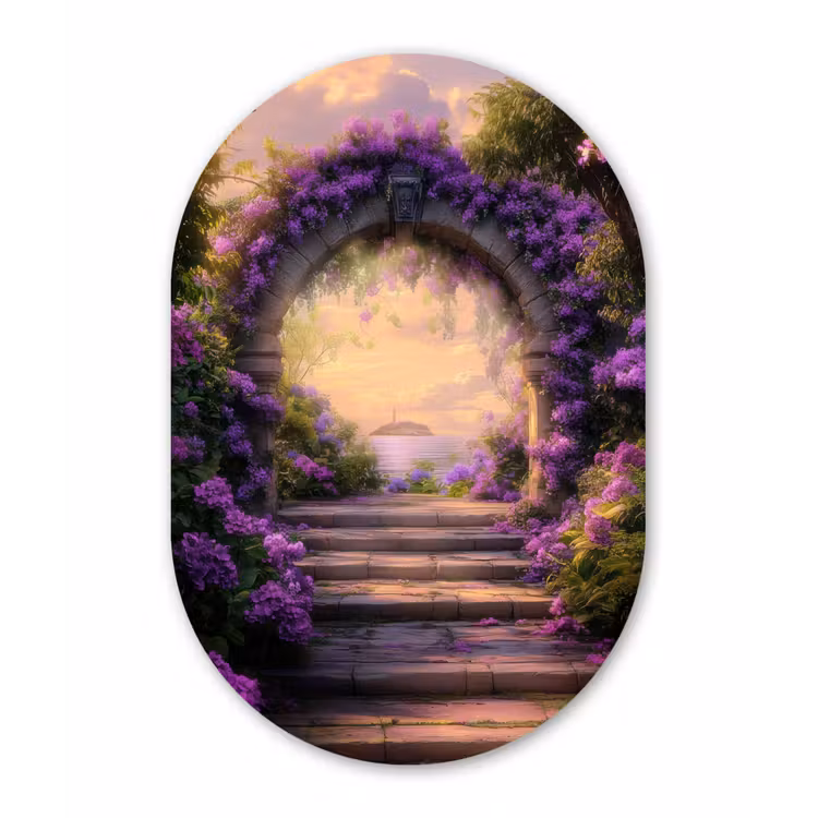 Poort - Paars - Bloemen Wandcirkel Ovaal Glas middel -3d