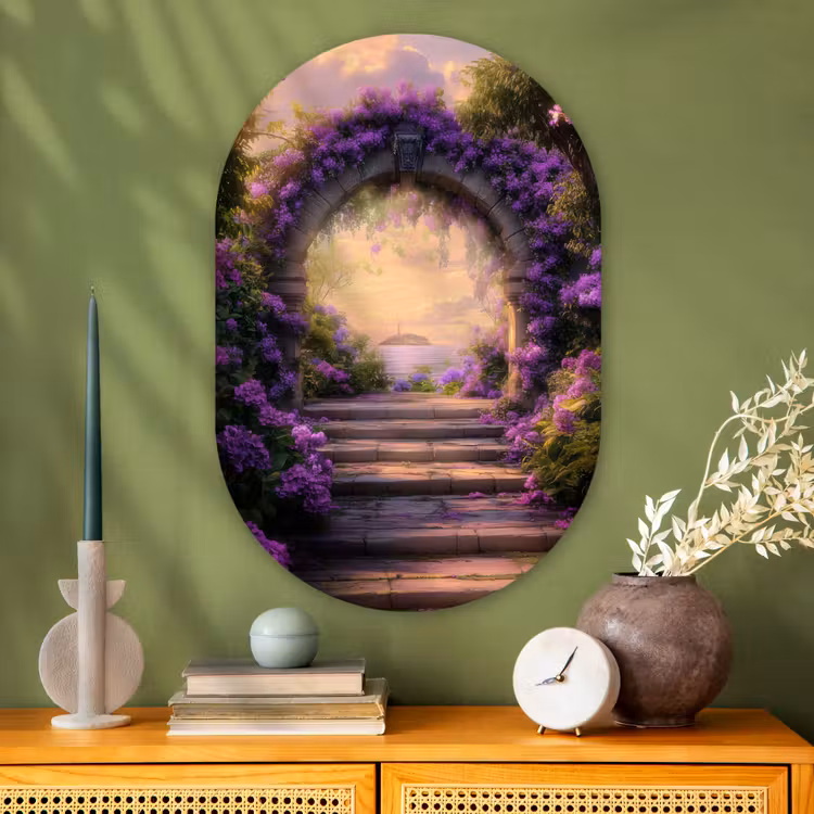 Poort - Paars - Bloemen Wandcirkel Ovaal Glas middel -sfeer2